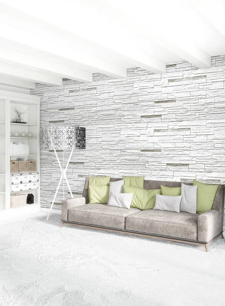 Beyaz yatak odası en az stil iç tasarım ahşap duvar ve gri Kanepeli. 3D render. 3D çizim