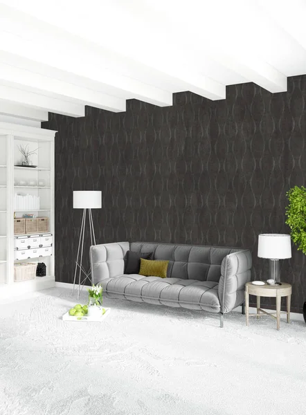 Beyaz yatak odası en az stil iç tasarım ahşap duvar ve gri Kanepeli. 3D render. 3D çizim