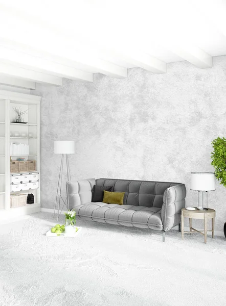 Beyaz yatak odası en az stil iç tasarım ahşap duvar ve gri Kanepeli. 3D render. 3D çizim