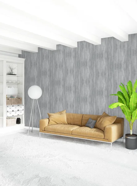 Beyaz yatak odası en az stil iç tasarım ahşap duvar ve gri Kanepeli. 3D render. 3D çizim