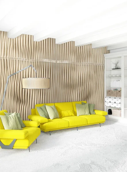Beyaz yatak odası en az stil iç tasarım ahşap duvar ve gri Kanepeli. 3D render. 3D çizim