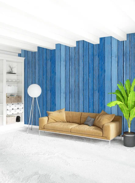 Beyaz yatak odası en az stil iç tasarım ahşap duvar ve gri Kanepeli. 3D render. 3D çizim