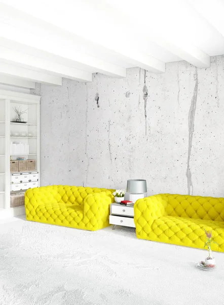 Beyaz yatak odası en az stil iç tasarım ahşap duvar ve gri Kanepeli. 3D render. 3D çizim