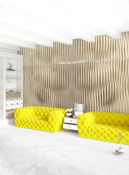 Beyaz yatak odası en az stil iç tasarım ahşap duvar ve gri Kanepeli. 3D render. 3D çizim