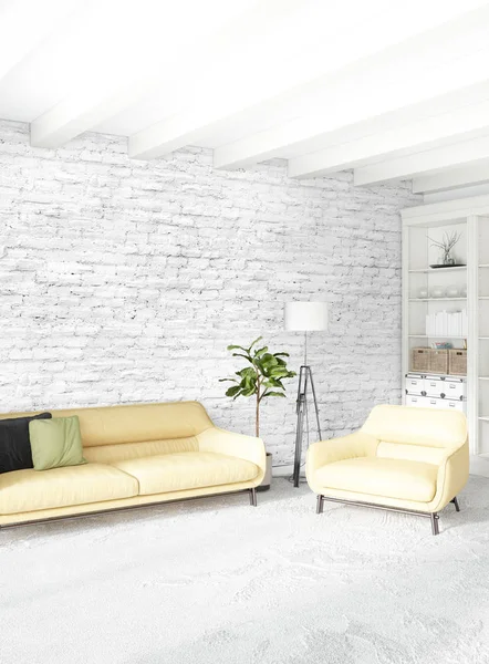 Beyaz yatak odası en az stil iç tasarım ahşap duvar ve gri Kanepeli. 3D render. 3D çizim — Stok fotoğraf
