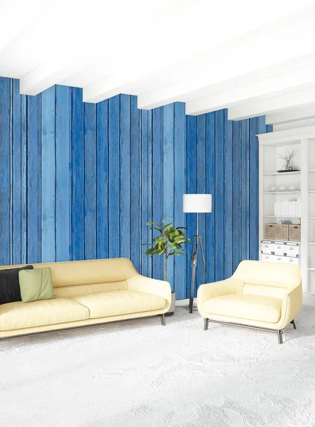 Beyaz yatak odası en az stil iç tasarım ahşap duvar ve gri Kanepeli. 3D render. 3D çizim