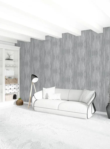 Beyaz yatak odası en az stil iç tasarım ahşap duvar ve gri Kanepeli. 3D render. 3D çizim