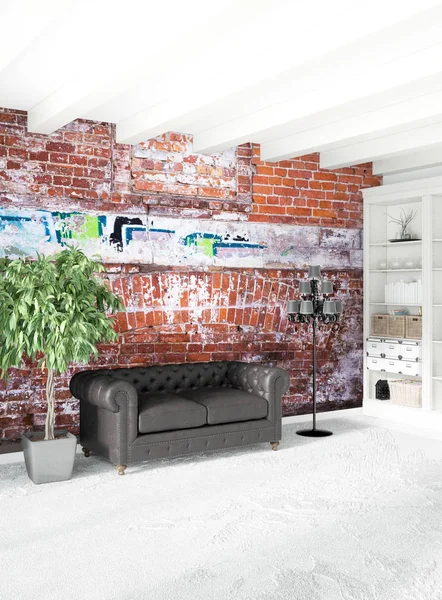 Beyaz yatak odası en az stil iç tasarım ahşap duvar ve gri Kanepeli. 3D render. 3D çizim