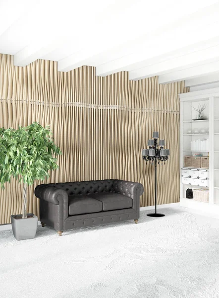 Beyaz yatak odası en az stil iç tasarım ahşap duvar ve gri Kanepeli. 3D render. 3D çizim