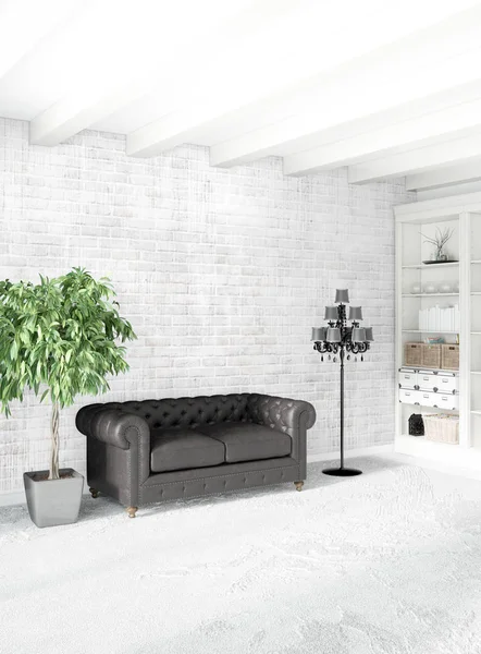 Beyaz yatak odası en az stil iç tasarım ahşap duvar ve gri Kanepeli. 3D render. 3D çizim