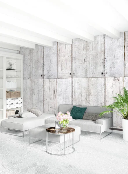 Beyaz yatak odası en az stil iç tasarım ahşap duvar ve gri Kanepeli. 3D render. 3D çizim