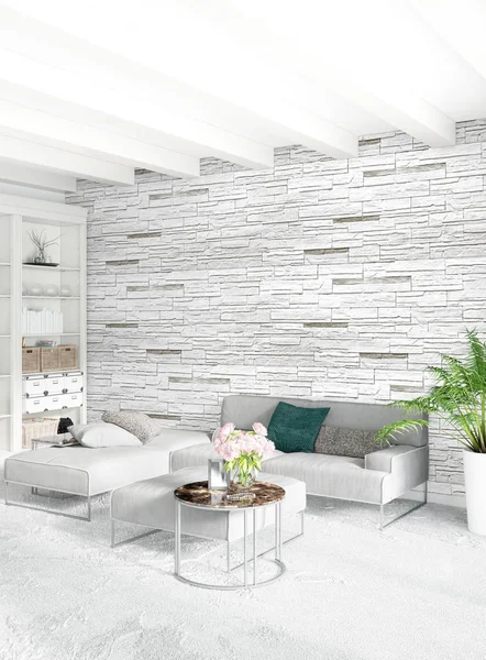 Beyaz yatak odası en az stil iç tasarım ahşap duvar ve gri Kanepeli. 3D render. 3D çizim