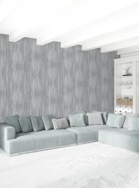 Beyaz yatak odası en az stil iç tasarım ahşap duvar ve gri Kanepeli. 3D render. 3D çizim