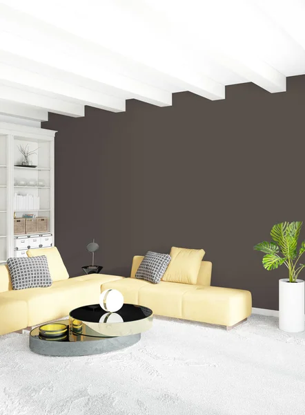 Biała sypialnia minimalistycznym stylu wnętrz z drewna ściany i szary kanapie. renderowania 3D. ilustracja 3D — Zdjęcie stockowe