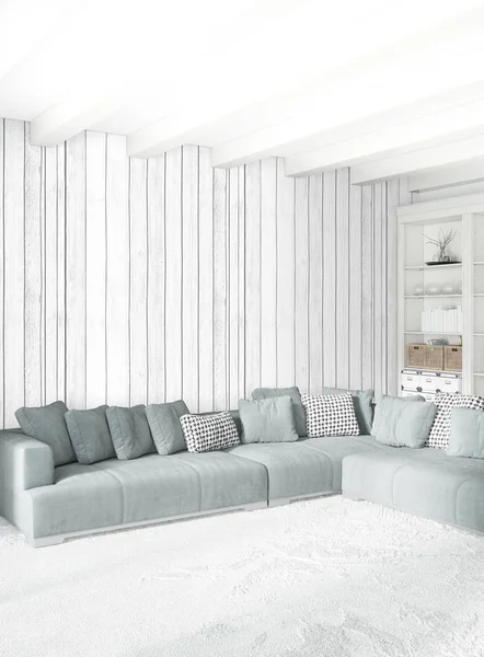 Beyaz yatak odası en az stil iç tasarım ahşap duvar ve gri Kanepeli. 3D render. 3D çizim