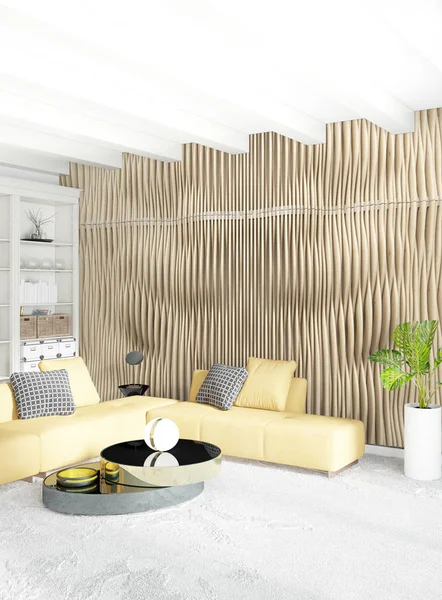 Beyaz yatak odası en az stil iç tasarım ahşap duvar ve gri Kanepeli. 3D render. 3D çizim