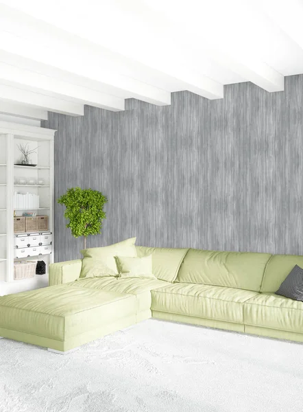 Beyaz yatak odası en az stil iç tasarım ahşap duvar ve gri Kanepeli. 3D render. 3D çizim