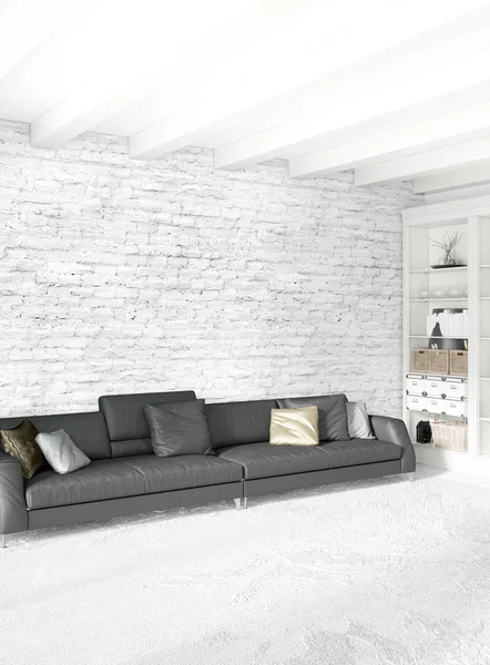 Beyaz yatak odası en az stil iç tasarım ahşap duvar ve gri Kanepeli. 3D render. 3D çizim