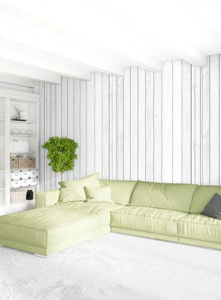 Beyaz yatak odası en az stil iç tasarım ahşap duvar ve gri Kanepeli. 3D render. 3D çizim