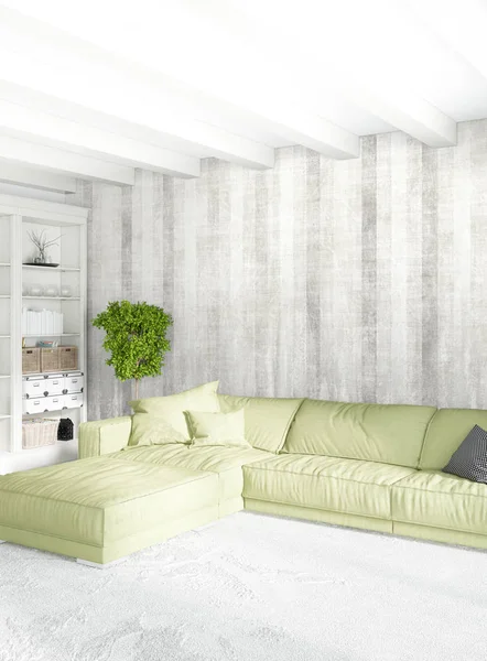 Beyaz yatak odası en az stil iç tasarım ahşap duvar ve gri Kanepeli. 3D render. 3D çizim