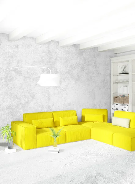 Beyaz yatak odası en az stil iç tasarım ahşap duvar ve gri Kanepeli. 3D render. 3D çizim