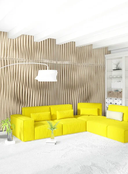Beyaz yatak odası en az stil iç tasarım ahşap duvar ve gri Kanepeli. 3D render. 3D çizim