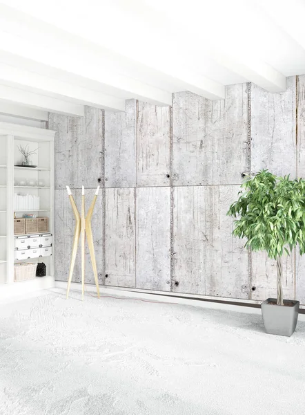 Beyaz yatak odası en az stil iç tasarım ahşap duvar ve gri Kanepeli. 3D render. 3D çizim