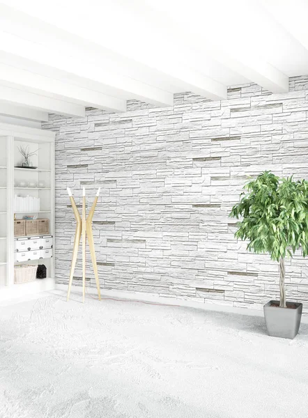 Beyaz yatak odası en az stil iç tasarım ahşap duvar ve gri Kanepeli. 3D render. 3D çizim