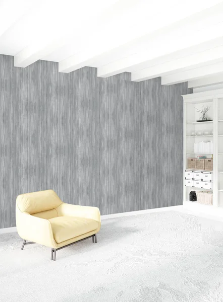 Beyaz yatak odası en az stil iç tasarım ahşap duvar ve gri Kanepeli. 3D render. 3D çizim