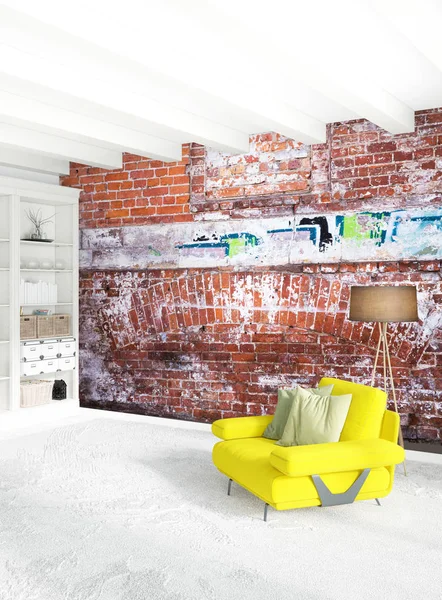 Beyaz yatak odası en az stil iç tasarım ahşap duvar ve gri Kanepeli. 3D render. 3D çizim