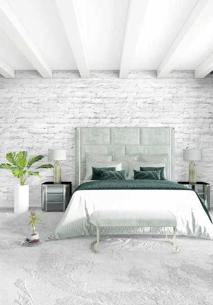Beyaz yatak odası en az stil iç tasarım ahşap duvar ve gri Kanepeli. 3D render. 3D çizim