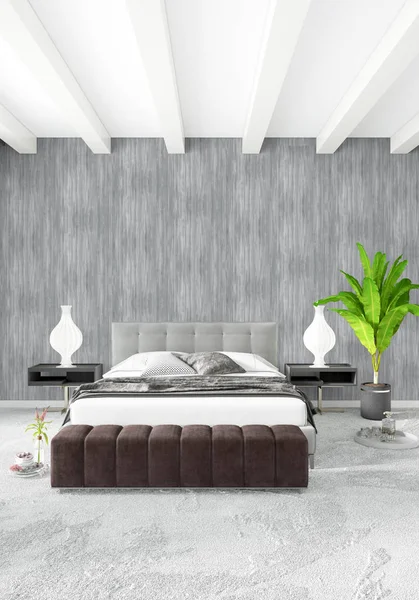 Beyaz yatak odası en az stil iç tasarım ahşap duvar ve gri Kanepeli. 3D render. 3D çizim