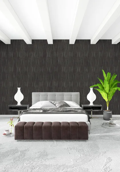 Beyaz yatak odası en az stil iç tasarım ahşap duvar ve gri Kanepeli. 3D render. 3D çizim