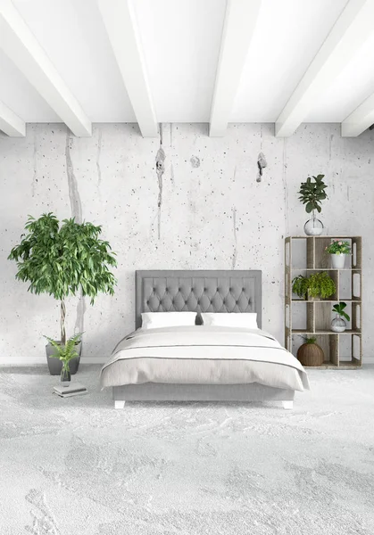 Beyaz yatak odası en az stil iç tasarım ahşap duvar ve gri Kanepeli. 3D render. 3D çizim