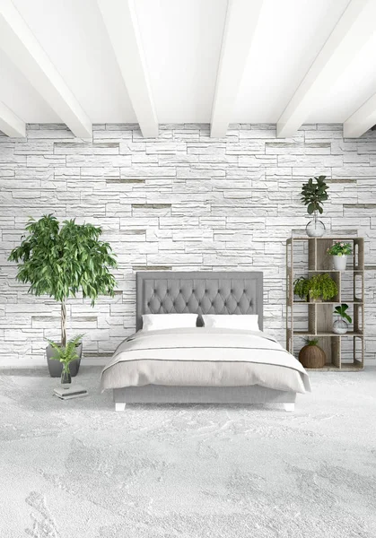 Dormitorio blanco de estilo minimalista Diseño interior con pared de madera y sofá gris. Representación 3D. Ilustración 3D — Foto de Stock