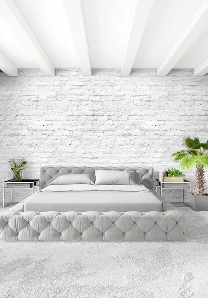 Beyaz yatak odası en az stil iç tasarım ahşap duvar ve gri Kanepeli. 3D render. 3D çizim