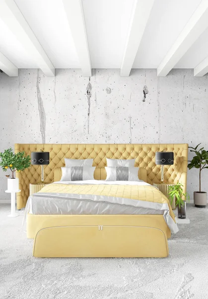 Beyaz yatak odası en az stil iç tasarım ahşap duvar ve gri Kanepeli. 3D render. 3D çizim