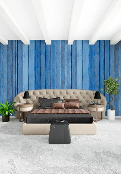 Beyaz yatak odası en az stil iç tasarım ahşap duvar ve gri Kanepeli. 3D render. 3D çizim