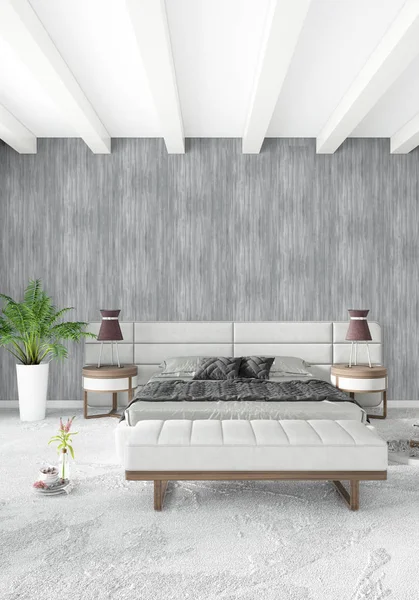 Beyaz yatak odası en az stil iç tasarım ahşap duvar ve gri Kanepeli. 3D render. 3D çizim