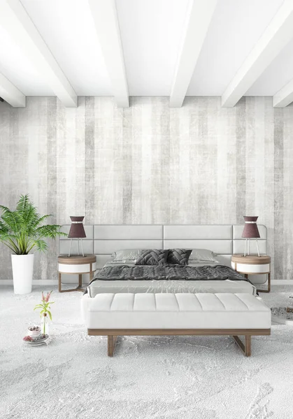 Beyaz yatak odası en az stil iç tasarım ahşap duvar ve gri Kanepeli. 3D render. 3D çizim