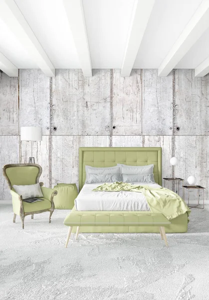Beyaz yatak odası en az stil iç tasarım ahşap duvar ve gri Kanepeli. 3D render. 3D çizim