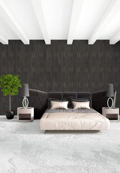 Beyaz yatak odası en az stil iç tasarım ahşap duvar ve gri Kanepeli. 3D render. 3D çizim