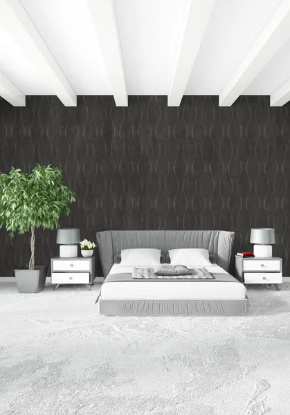 Beyaz yatak odası en az stil iç tasarım ahşap duvar ve gri Kanepeli. 3D render. 3D çizim