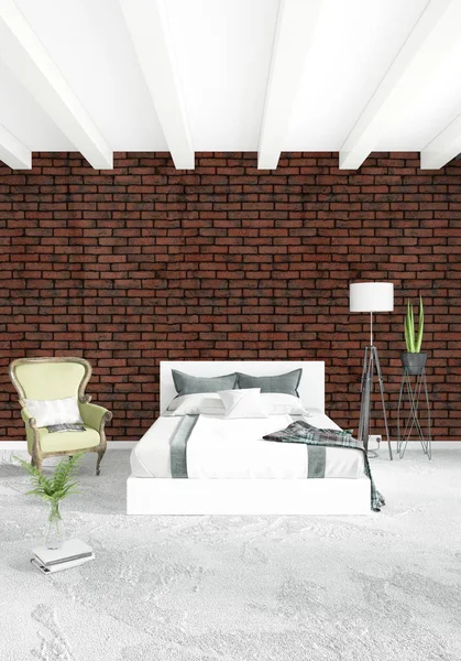 White bedroom minimal style Interior design with wood wall and grey sofa. 3D Rendering. 3D illustration — Stock Photo, Image