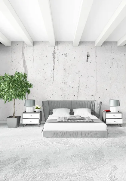 Beyaz yatak odası en az stil iç tasarım ahşap duvar ve gri Kanepeli. 3D render. 3D çizim