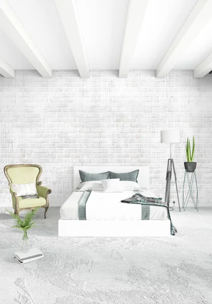 Beyaz yatak odası en az stil iç tasarım ahşap duvar ve gri Kanepeli. 3D render. 3D çizim