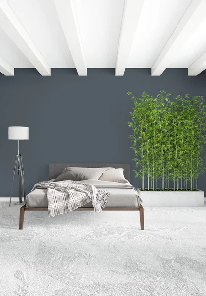 Біла спальня мінімальний стиль Дизайн інтер'єру з дерев'яною стіною і сірим диваном. 3D рендерингу. 3D ілюстрація — стокове фото