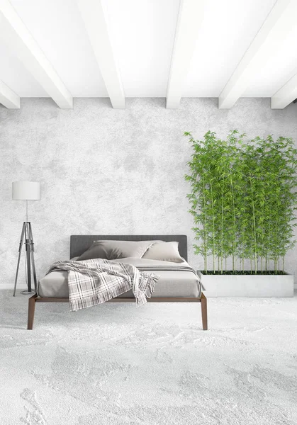 Beyaz yatak odası en az stil iç tasarım ahşap duvar ve gri Kanepeli. 3D render. 3D çizim