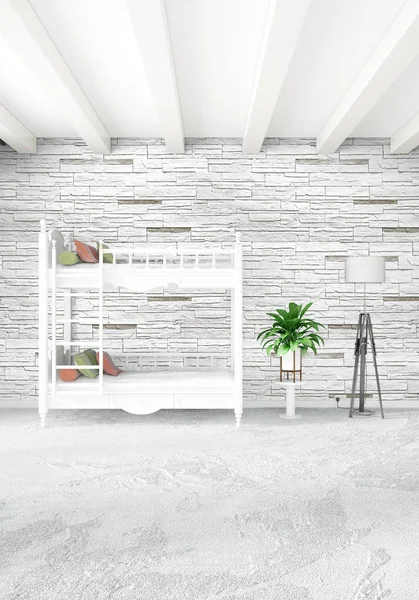 Beyaz yatak odası en az stil iç tasarım ahşap duvar ve gri Kanepeli. 3D render. 3D çizim