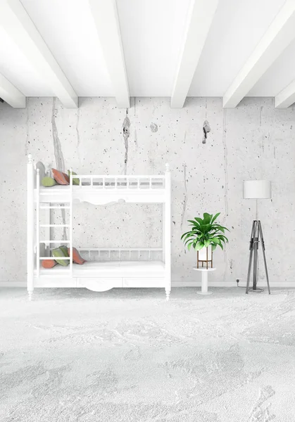 Dormitorio blanco de estilo minimalista Diseño interior con pared de madera y sofá gris. Representación 3D. Ilustración 3D —  Fotos de Stock